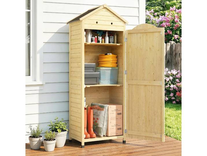 Outsunny Armoire Jardin Bois 85x58x213cm Toit Acier Étagères Ajustables