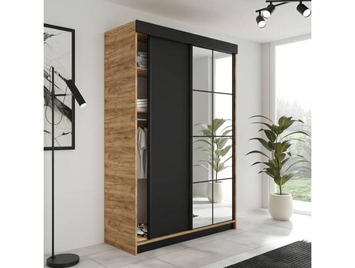 KIER FURNITURE Schiebegarderobe LAMARO mit Spiegel - Schrank Schlafzimmer - Schlafzimmerschrank - Wardrobe Bedroom - Kleiderschränke - Kleiderschrank - 138x205x59 - Eiche Handwerk Gold & Schwarz