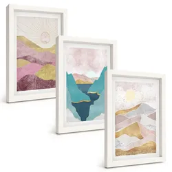 BILDER SET 3er Set - 20x30 cm Weißer Rahmen - Abstrakte Berge Sonne