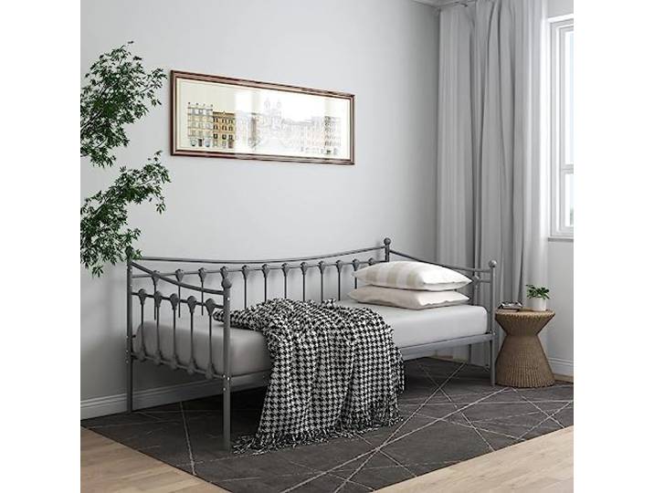 vidaXL Schlafsofa Bettgestell Tagesbett Metallbett Bettsofa Einzelbett Bett Gästebett Sofabett Sofa Couch Jugendbett Grau Metall 90x200cm