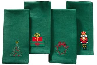 Threadmade Holiday Embroidered Cotton Napkins, Set of 4 - 17x17