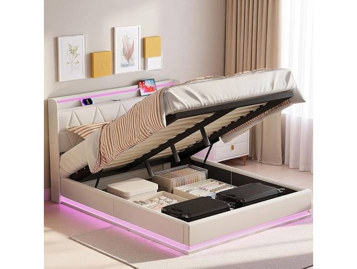 Lit Coffre 160x200 - RWUDV - Rangement LED - Tête de lit avec USB - 2 places - Design contemporain