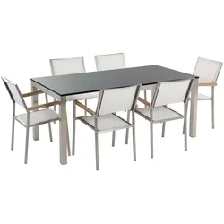 GARTENMÖBEL SET 6-Sitzer Naturstein schwarz geflammt Textilbespannung weiß Grosseto