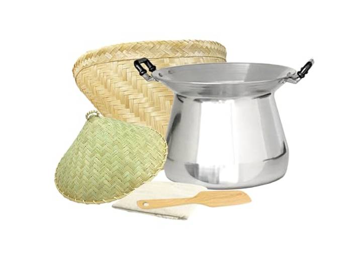 PANWA Sticky Rice Professionelles Kochgeschirr-Set, Thai-Kochgeschirr, Restaurantqualität, Dampfgarer, handgefertigter Bambus-Flügelkorb und Deckel, 61 cm Seihtuch der Güteklasse 90, und