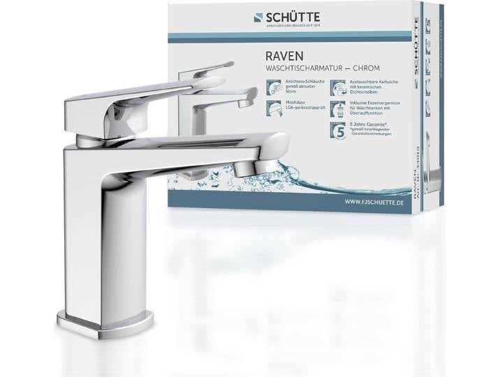 SCHÜTTE Waschbeckenarmatur RAVEN, Badarmatur mit PopUp Ablauf-Stopfen, Chrom