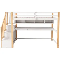 MODFU Kinderhochbett aus Massivholz und MDF, Weiß/Eiche, 90x200 cm, mit Schreibtisch und Stauraumtreppe