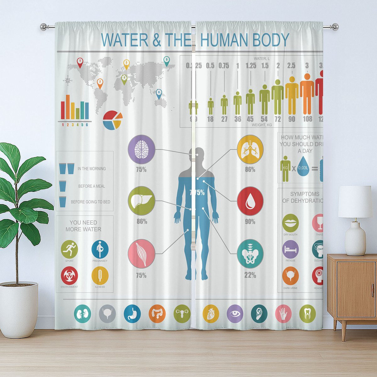 ABAKUHAUS Anatomie Rustiek Gordijn met Informatie over Water en het Menselijk Lichaam, Multicolor, B: 245 cm, H: 280 cm