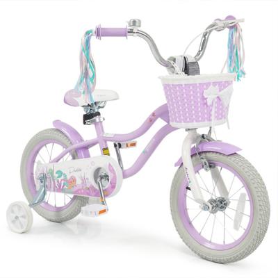 Costway 14 Inch Kids Bike Adjustable with Basket and Streamers Purple - Princess of the Sea Theme
