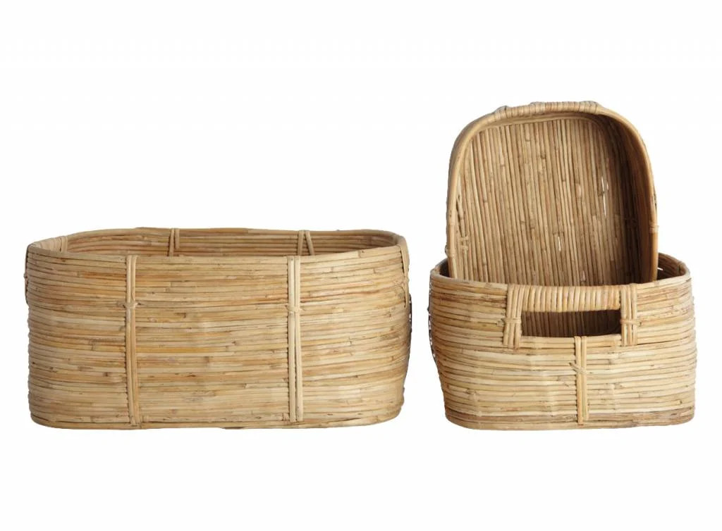 House Doctor Chaka set van 3 rotan manden in beige en bruin met open weefsel