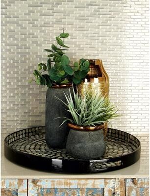 ARCILLA ELEMENTAL Black Mother of Pearl Shell Handmade Living Room Decor Tray with Slot Handles