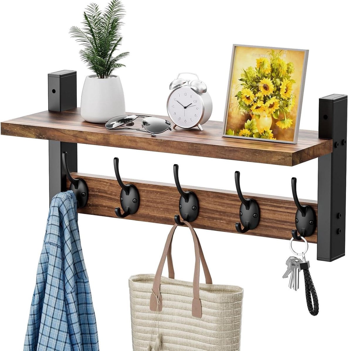 Houten wandkapstok met plank en vijf metalen haken voor in de hal, slaapkamer, badkamer of keuken