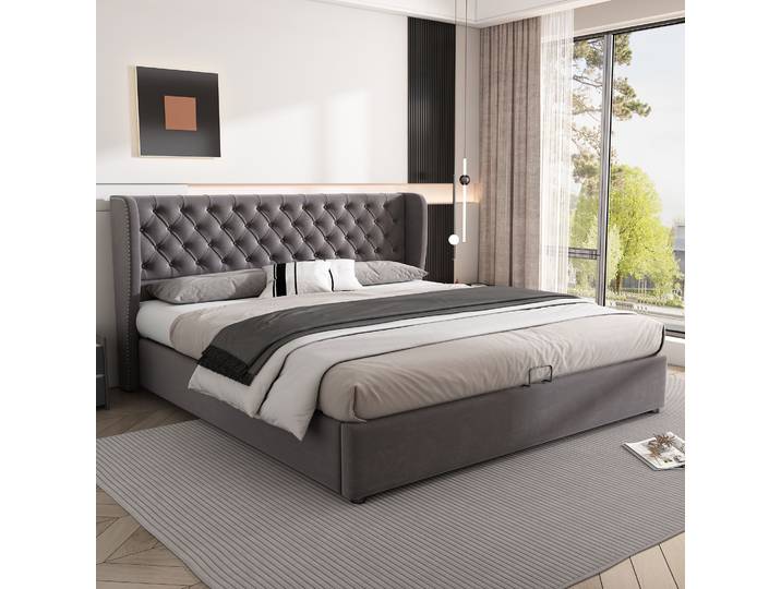 Lit rembourré en velours KOMHTOM avec grandes boutons et coutures, rangement hydraulique, tissu non tissé anti-salissures (sans matelas)