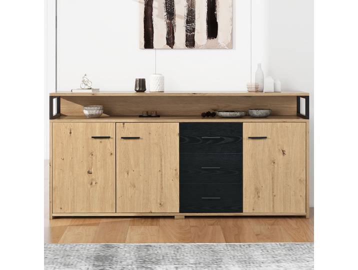 Buffet industriel à trois portes et trois tiroirs, commode, armoire de cuisine, armoire polyvalente, armoire de rangement