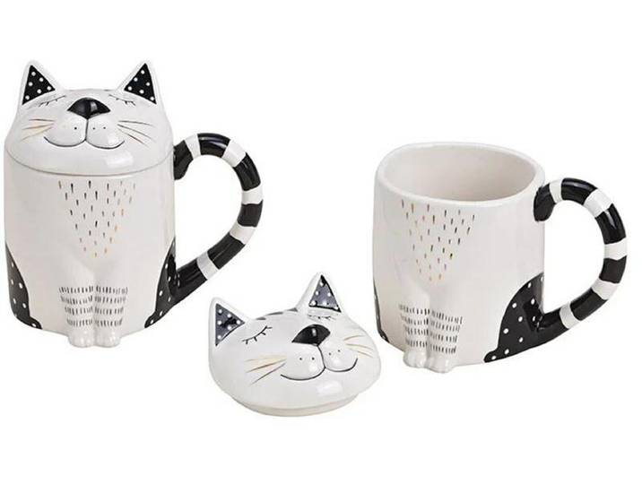 Tasse G. Wurm Tasse Katze mit Deckel Keramik , schwarz-weiss (goldfarben, schwarz, weiß), H:10cm Ø:14cm, Keramik, Trinkgefässe, Tasse