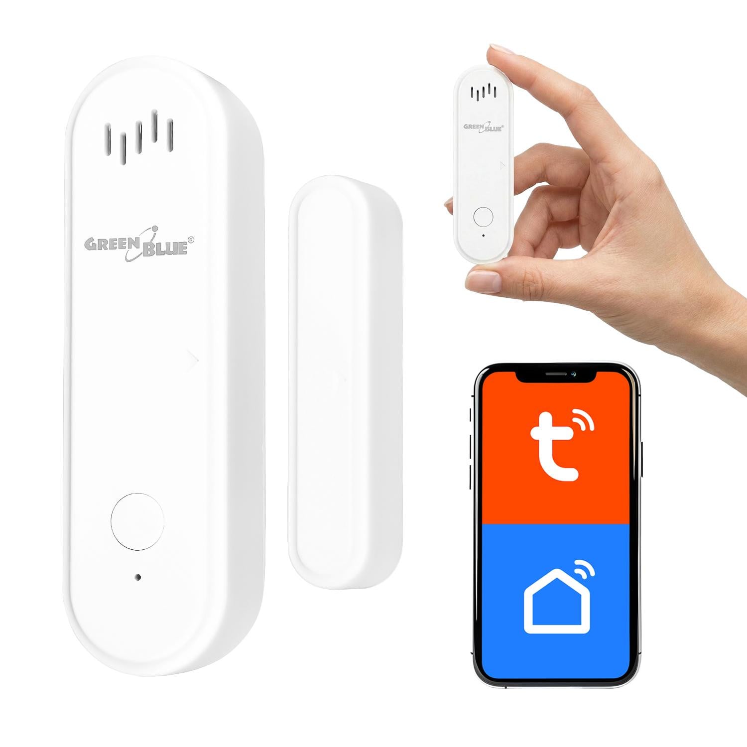 GreenBlue Draadloze WiFi-deursensor en magneetsensor voor deuren en ramen, model GB478, geschikt voor Android en iOS