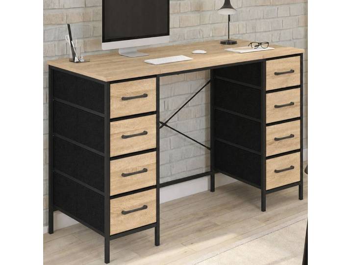 Bureau 8 tiroirs en tissu UTAH bois et noir design industriel