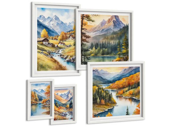 Tulup Bilder SET 5er Set - 50x50 cm & 20x30 cm & 40x60 cm Weißer Rahmen - Bergblick, Fluss, Herbst, Kunststoff, Rechteckig, 40x60 cm, Fotografie, Bilder & Rahmen, Bilder