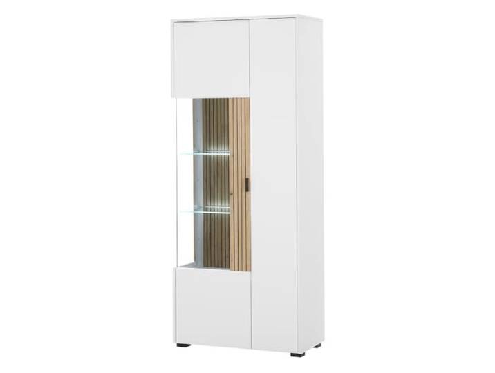 Lomadox Vitrinenschrank Vitrine Standvitrine Glasvitrine Glastür Glasböden weiß matt mit Eiche Rillen 75x180x38 cm