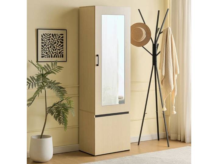 Armoire d'entrée étroite avec miroir 1 porte tringle extensible 3 étagères meuble en MDF effet bois 54x34.5x179.5cm