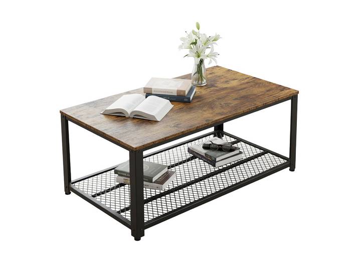 Relaxdays Couchtisch Schwarz Braun mit Gitterablage 106x60 cm, Mehrfarbig, Metall, 106x45x60 cm, Wohnzimmer, Wohnzimmertische, Couchtische