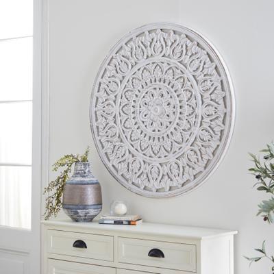 Arcilla Elemental - White Wood Handmade Intricately Carved Round Mandala Floral Wall Decor