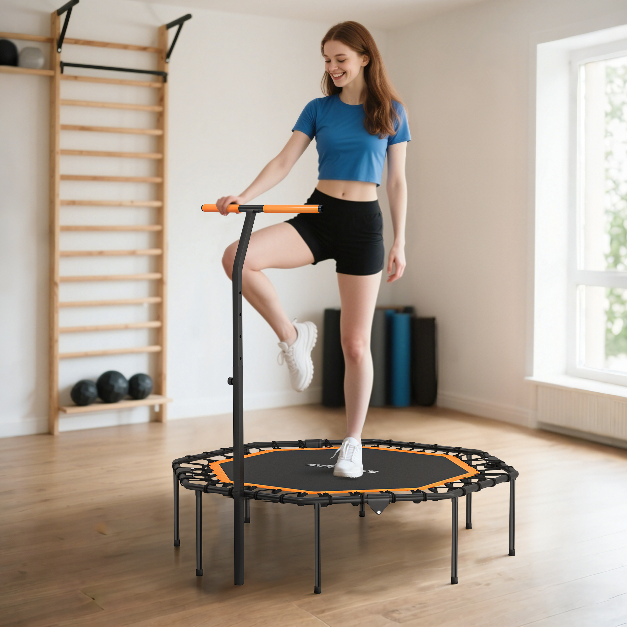 Sportnow Trampolino Fitness, con Maniglia Regolabile, stabile e silenzioso, per interni, in Acciaio, Arancione   Aosom Italy