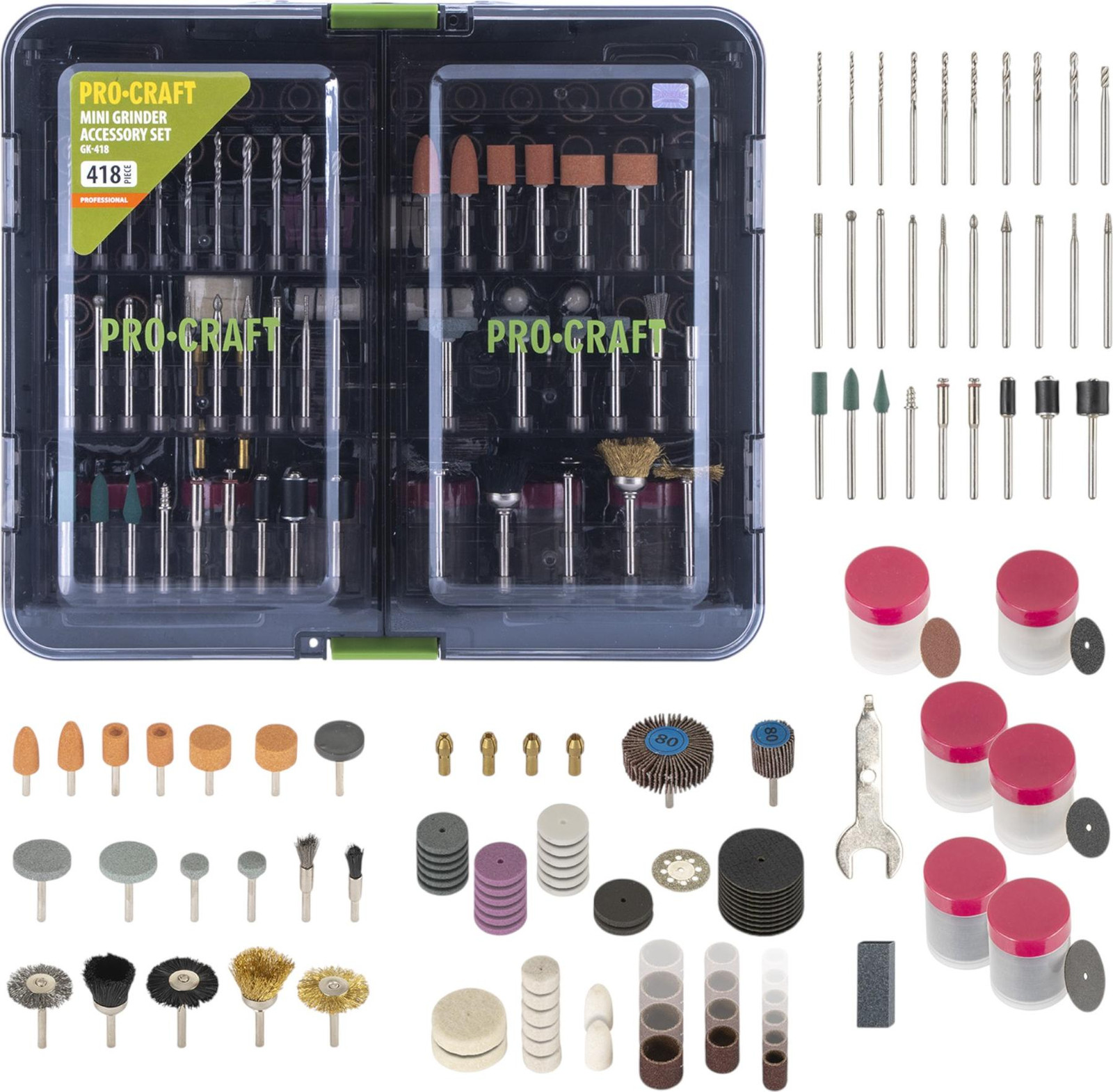 Procraft GK-418 universele accessoireset voor rechte slijpmachines, 418-delig