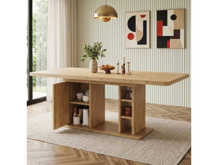 Merax Ausziehbarer Esstisch 140/180x80x75 cm, Tisch mit Stauraum & verdickter Tischplatte, skandinavischer Esstisch für 6–8 Personen, Holzfarbe