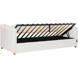 MODFU Daybett Samt Beige 90x200 cm mit hydraulischem Stauraum, USB- und Type-C-Anschluss