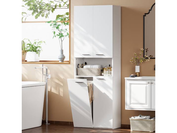 HOMCOM Colonne Salle de Bain 174cm Blanc avec Panier à Linge
