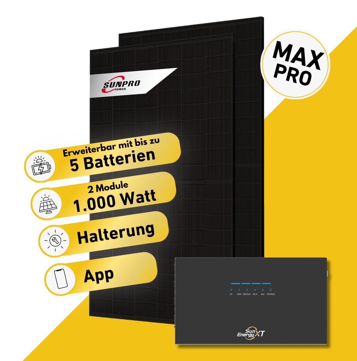 Balkonstrom Balkonkraftwerk 1000W Solaranlage mit Speicher | 3xSolarmodul Bifazial | SunEnergyXT 500 Pro