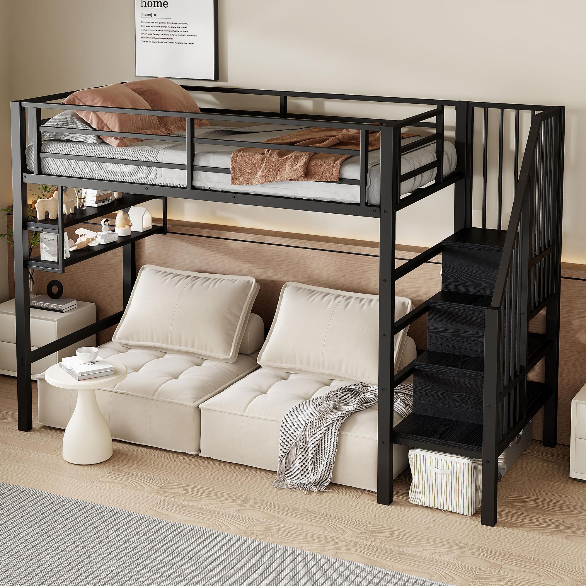 okwish Etagenbetten 90×200 mit Einlegeböden und Stauraumleiter,Hochbett mit Freiraum unter dem Bett zum Verkleiden,Einzelbett mit Geländer, ohne Matratze,Schwarz