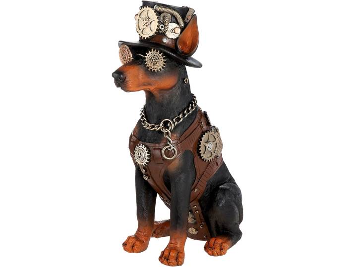 Skulptur GILDE Figur Dobermann Steampunk Doberman , braun, schwarz, B:17cm H:40cm T:28cm, Kunstharz, Dekofiguren, Skulptur, Dobermann Hundeskulptur Steampunk-Stil Zahnräder Hut Fantasiefigur