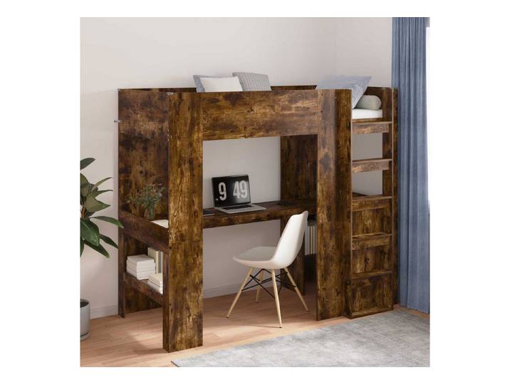 furnicato Bett Loft-Bettenrahmen mit Schreibtisch 203x93x175 cm Geräucherte Eiche (1-tlg), Mit Regalen ausgestattetes Hochbett mit integriertem Schreibtisch
