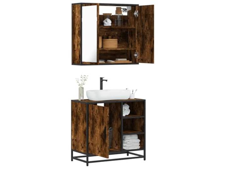 ZQQLVOO 2-TLG. Badmöbel-Set Räuchereiche Holzwerkstoff Waschbeckenunterschrank, Spiegelschrank wandmontierbar, Lowboard mit Metallgestell, Holzwerkstoff, Räuchereiche