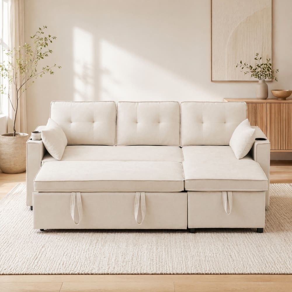 Hauss Spole Canapé-lit d'angle réversible en aspect lin beige Beige 211x86x130cm