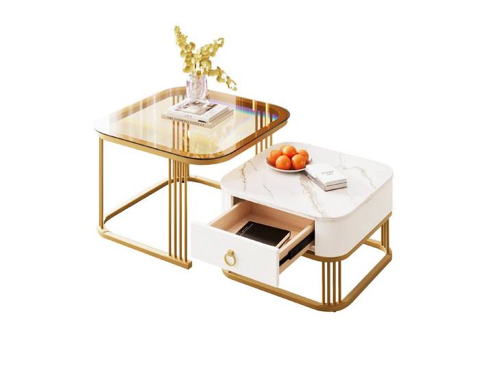 Refined Living Couchtisch Stapelbarer Couchtisch Wohnzimmertisch zweiteiliges Set (2er-Set. Stapelbarer Satztisch, 2-St., hochglänzende Marmoroptik, Glasplatte, Metallrahmen), Beistelltisch mit Schubladen, 60*60*45+50*50*34 cm