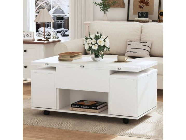 Table basse télescopique - AUTREMENT - Réglable en hauteur - Blanc - Multifonctionnelle - Design contemporain