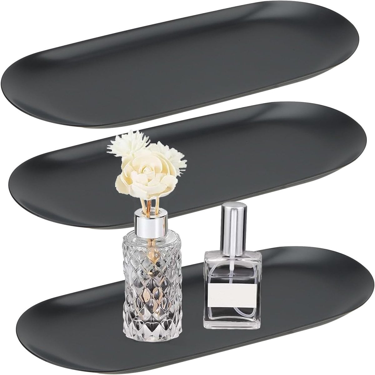 Set van 3 zwarte ovale dienbladen van RVS voor sieraden en decoratie