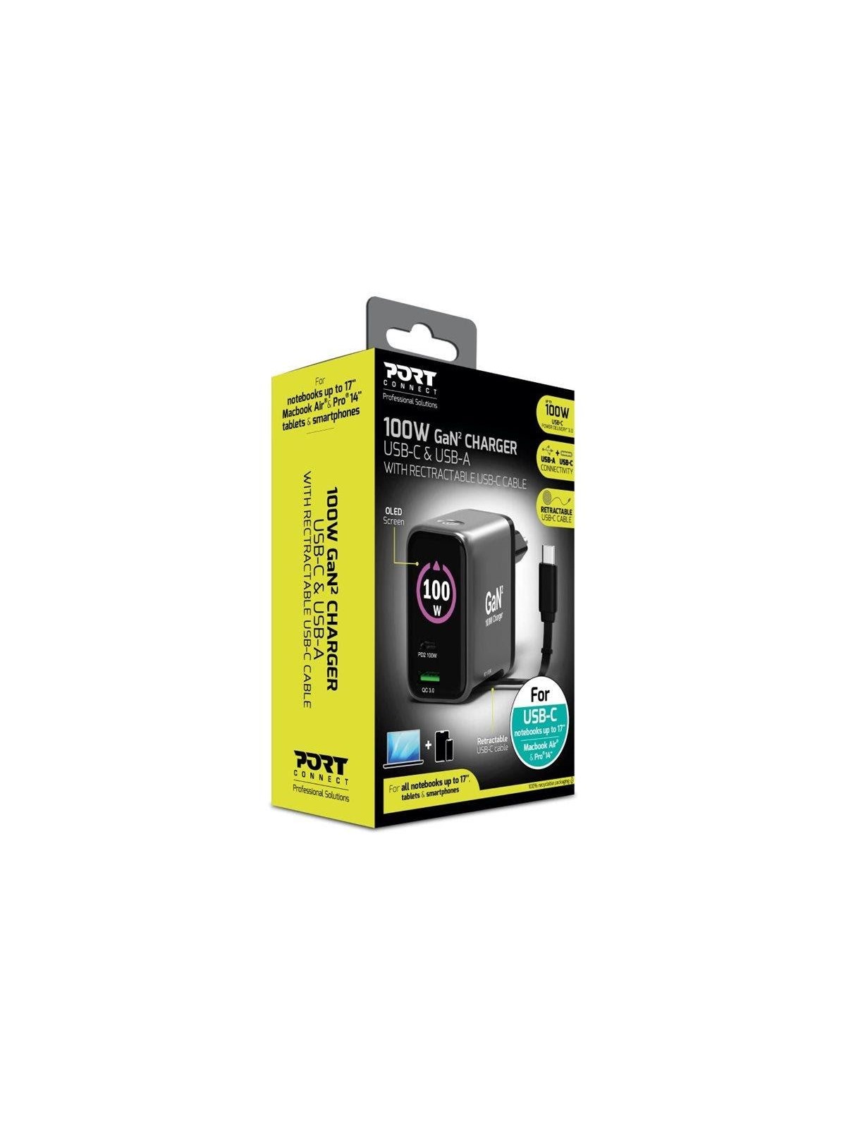 PORT Designs PORT Connect power adapter - GaN II with retractable usb-c cable - USB 2 x USB-C - 100 Watt