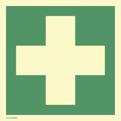 Aufkleber Erste Hilfe, ISO 7010, PVC-U selbstklebend, langnachleucht., 160-mcd, 200x200 mm