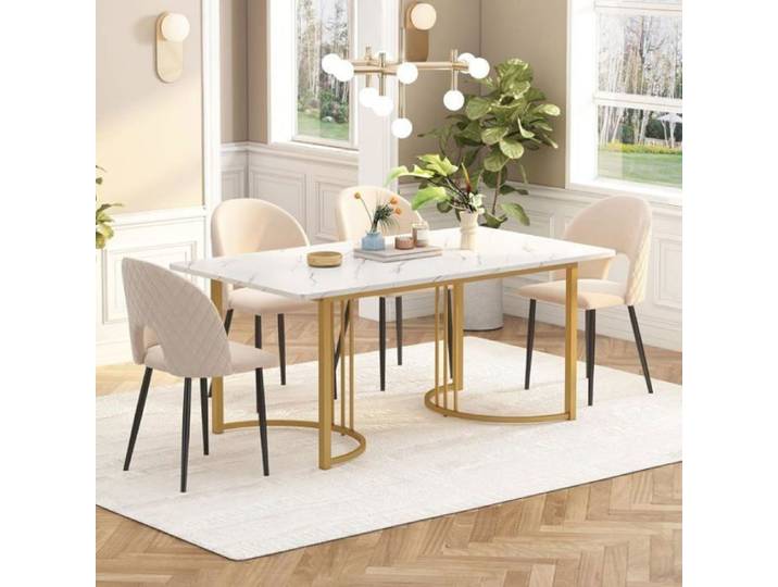 Table à manger design luxe blanc et or motif marbré structure métal solide décoration tendance pour cuisine et TABLE A MANGER SEULE