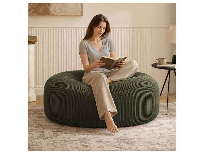 Zitty Pouf géant XXL en velours côtelé vert pouf rond pour adultes ultra-doux 143x143cm