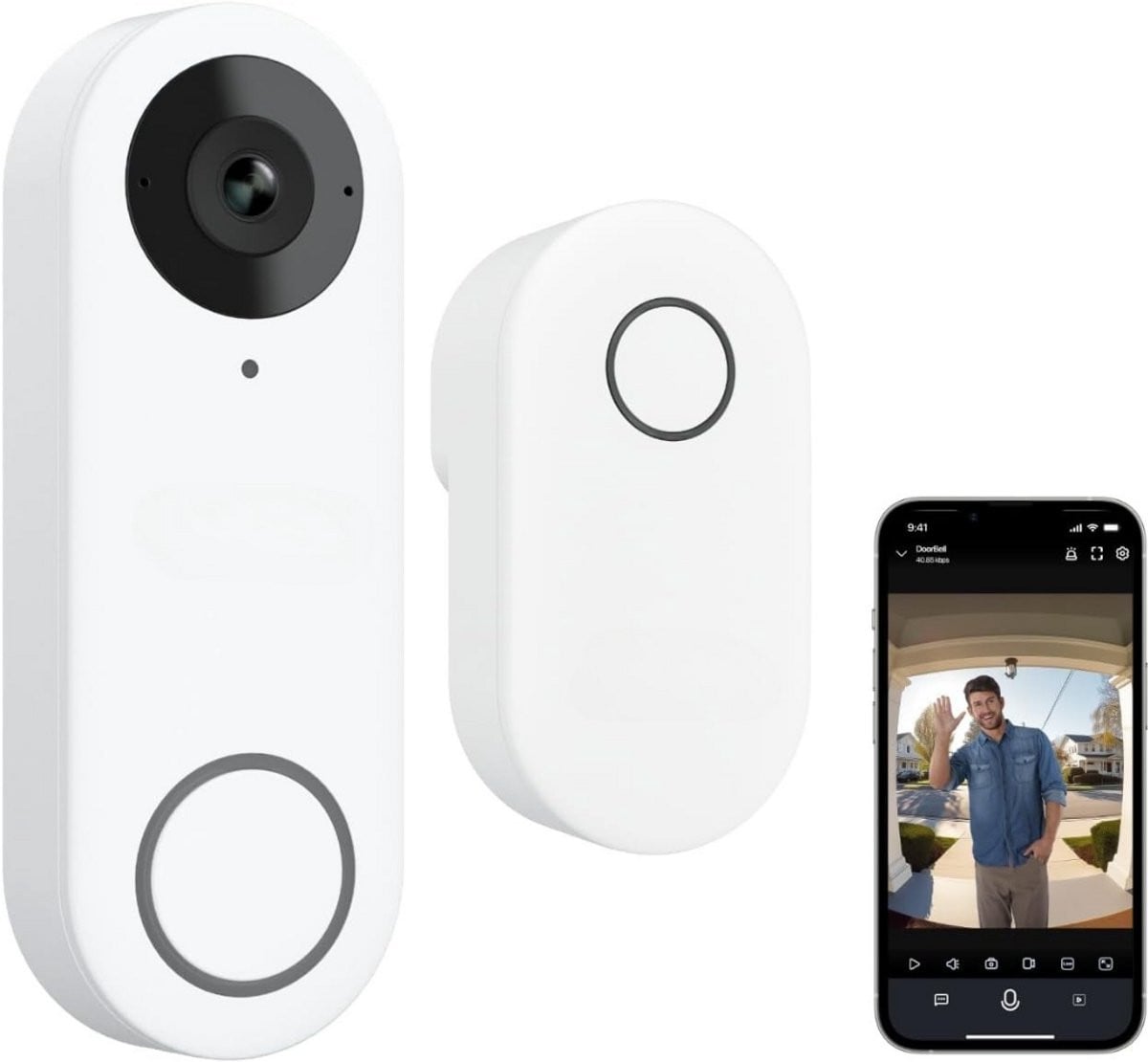 Slimme draadloze video deurbel met camera en WiFi, Nachtzicht en Tweeweg audio, Wit
