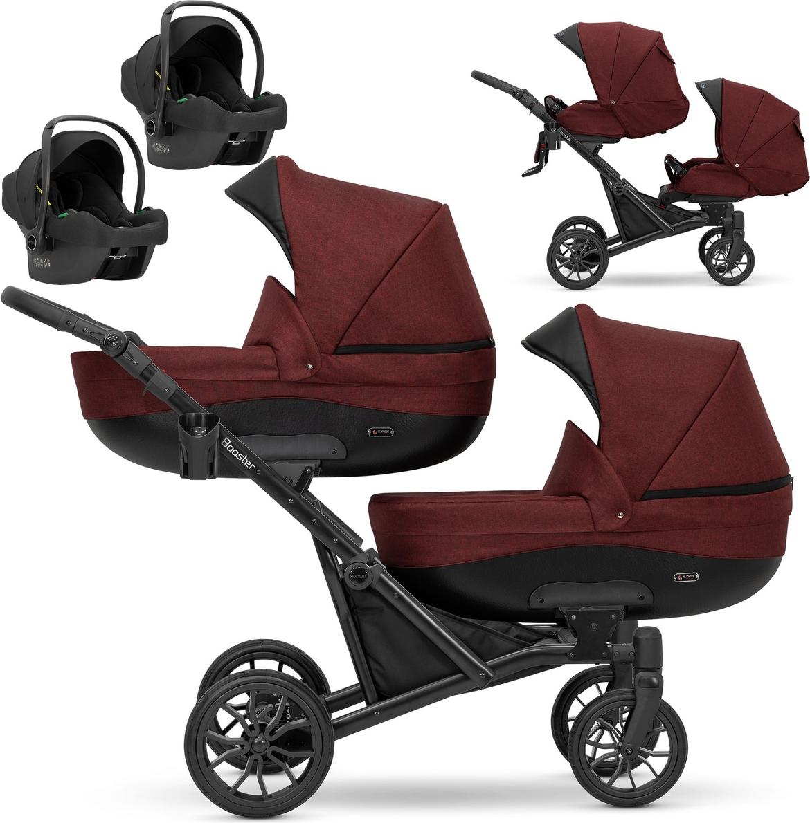 Kinderwagen BOOSTER 3 in 1 Komplettset Zwillingskinderwagen Geschwisterwagen Zwillingsbuggy Doppelkinderwagen (Rotbraun)