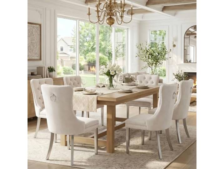 SoarTalent 6er Set Esszimmerstühle Samt Silberbein, Beige Samt gepolstert, Nagelkopfbesatz, versilberten Beinen, Metall-Ziehring, für Esszimmer & Wohnzimmer