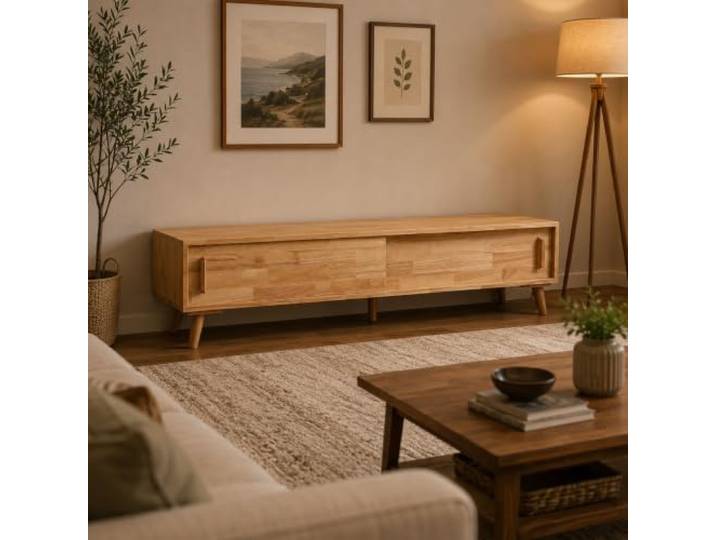 XRRJFYH TV Board Lowboard Massivholz mit Schiebetüren für Wohnzimmer Fernsehtisch 30 cm Tiefe, Hohe Beine, Fertig Montiert(Natural,120cm/47in)