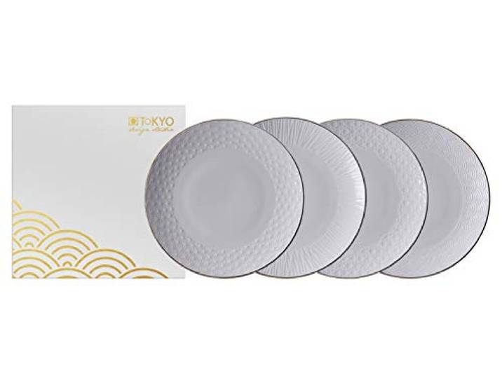 TOKYO design studio – Nippon White Teller-Set (4-tlg.) mit Goldrand, 30,5cm Hochwertiges Porzellan – edler Goldrand – erhabene Muster – traditionelles Design – mit Geschenkbox – Design aus Japan
