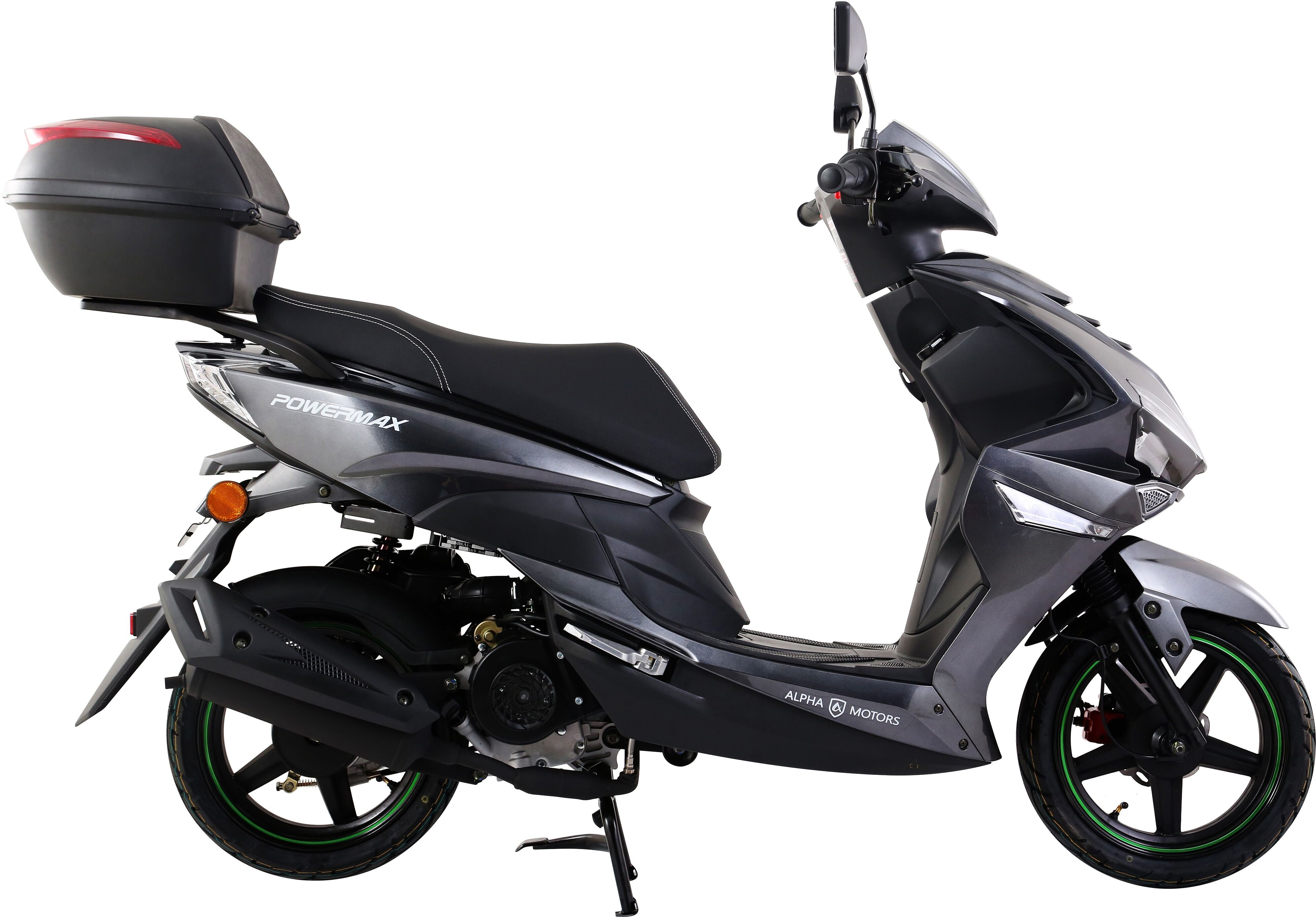 Motorroller ALPHA MOTORS "Powermax 50 ccm 45 kmh EURO 5 (mit/ohne Topcase)", grau (dunkelgrau, schwarz), Motorroller, mit Topcase, 45 km/h, B:64cm H:108cm L:178cm, Topseller