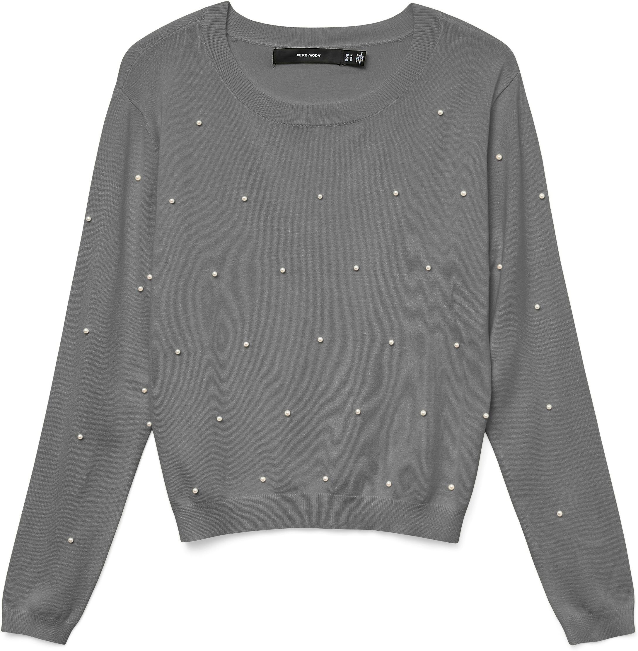 Rundhalspullover VERO MODA "VMGLORY PEARL LS O-NECK PULLOVER BOO", Damen, Gr. XS, grau (medium grau melange), Strick, Obermaterial: 80% Viskose, 20% Nylon, unifarben, regular fit, Rundhals, Rippstrickbündchen, Pullover Rundhalspullover medium grau melange